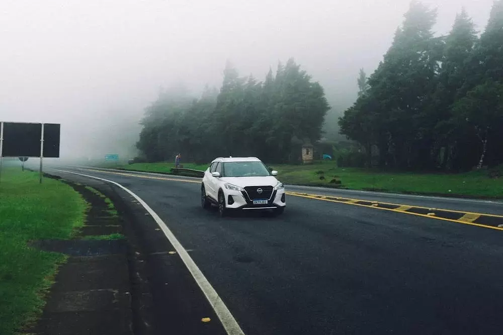 Auto blanco circulando por ruta con niebla